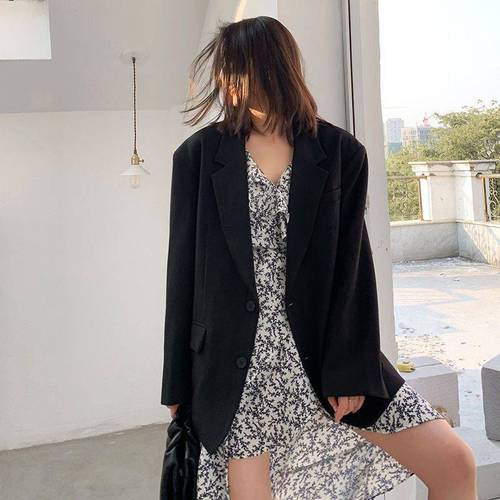 Women's Black Trousersuit Jacket Korean Version British Style Suit Top Spring and Autumn Plus Size Professional Wear