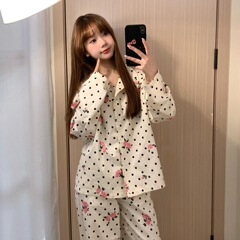 水玉ローズパジャマ女性の春と秋の新しい長袖和風甘くてかわいい学生ホーム服セットは屋外で着用できます