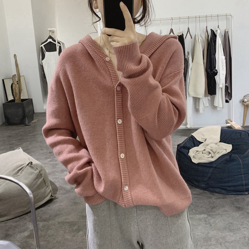 2022 New Hooded Women's Knitted Cardigan Jacket Solid Color Simple Atmosphere Sweater Loose Outer Wear Women's Clothing