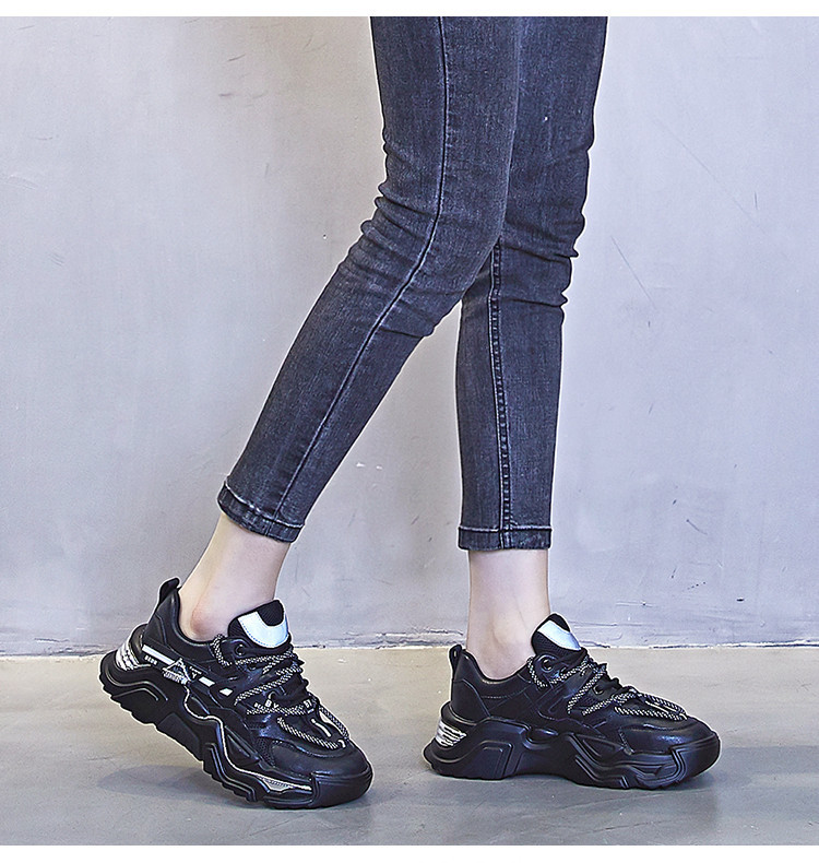Women's Genuine Leather Chunky Sneakers - Height Increasing Shoes_voghion.com
