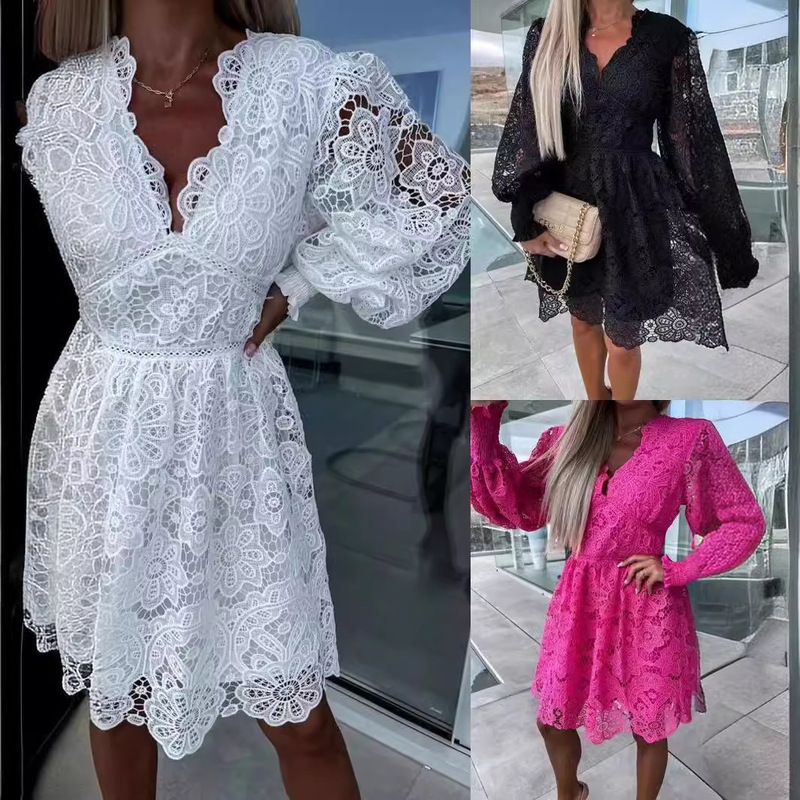 European and American Cross-Border 2024 New Independent Site Amazon Stylish Commuter V-Neck Sexy Hollow Lace Dress