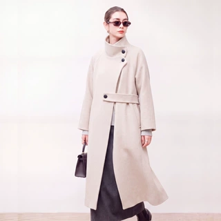 2026新款复古立领斜门襟加长款羊毛大衣女宽松气质双面毛呢外套