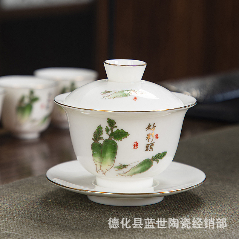 羊脂玉白瓷功夫茶具大号三才盖碗品茶杯泡茶器简约家用办公侧把壶