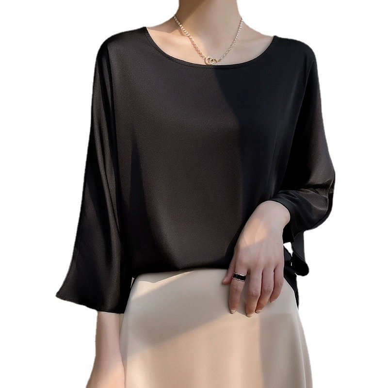Round-neck women's pullover, satin-look emulation silk, thin commuter base shirt, 3/4 sleeves