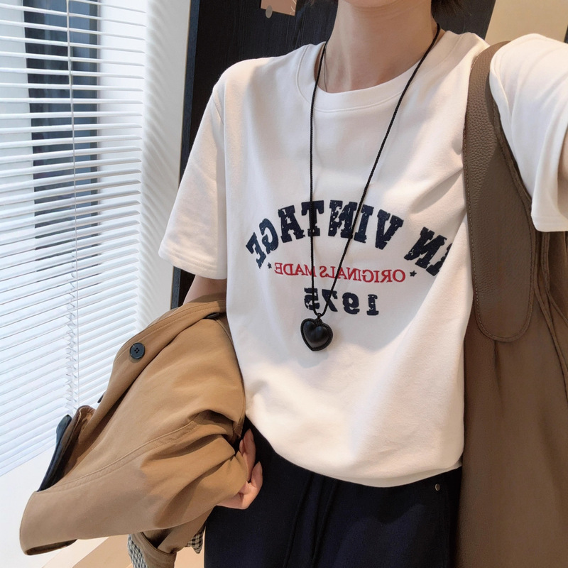 Spring Is Not Too Late, Cat-Like Feel T! Brushed Embroidered Letters Soft and Waxy Korean Style 25 Early Autumn Short-Sleeved Printed T-Shirt Loose