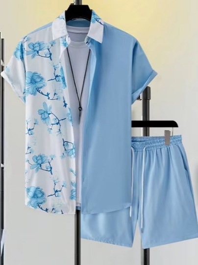 국경 간 Amazon 2024 남성 여름 새로운 스트리트 패션 흑백 줄무늬 하와이 비치 슈트 남성용