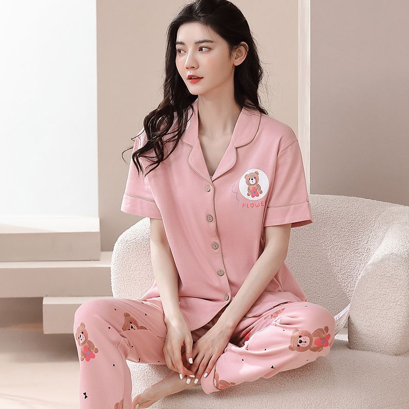 Nuevos pijamas de verano de las mujeres pantalones de manga corta 100% algodón Delgado solapa casual de las mujeres mamá ropa de casa traje de verano