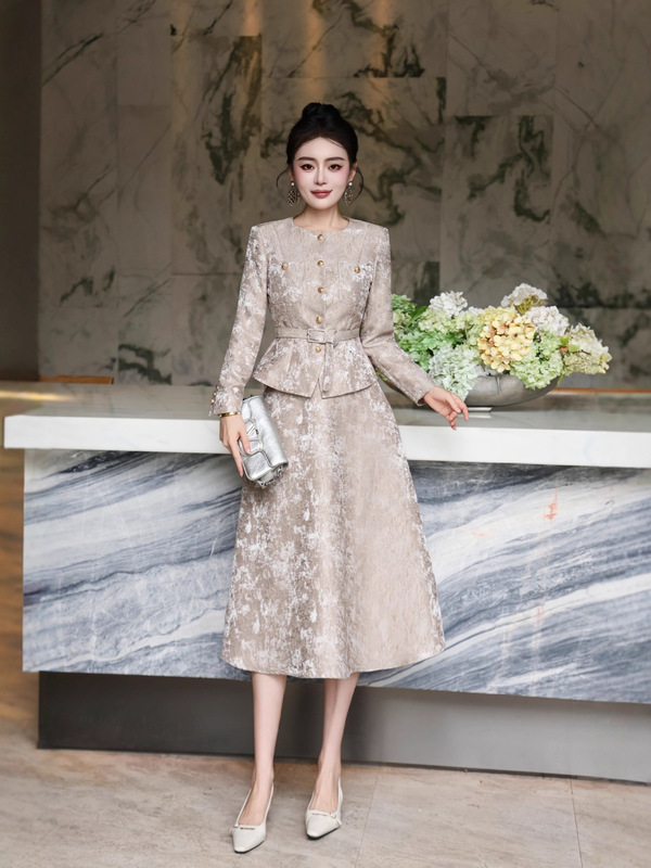 欧美风女装2025年秋季套装优雅圆领长袖外套配高腰显瘦A字半身裙|undefined