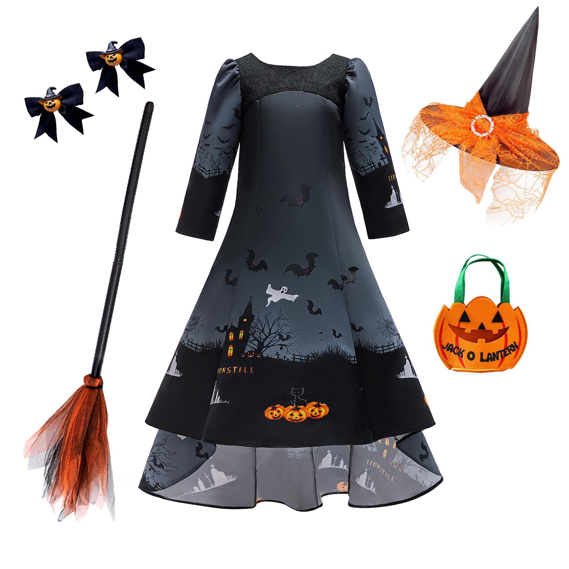 Nuevo cross-border Halloween impresión coswear vestido de satin de manga larga niñas Halloween vestido largo
