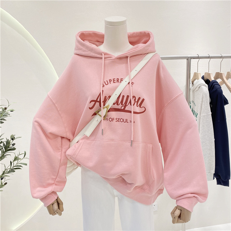 Sudera con Capucha Transfronteriza de Otoño/Invierno, Estilo Coreano, Estampado de Letras, Nuevo Modelo, con Forro Polar, Manga Larga, Top Multiusos de Moda
