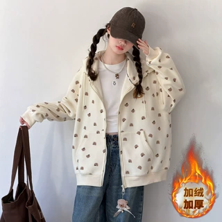 女童秋装满印小熊连帽外套中大童韩系宽松开衫休闲加绒卫衣外套潮