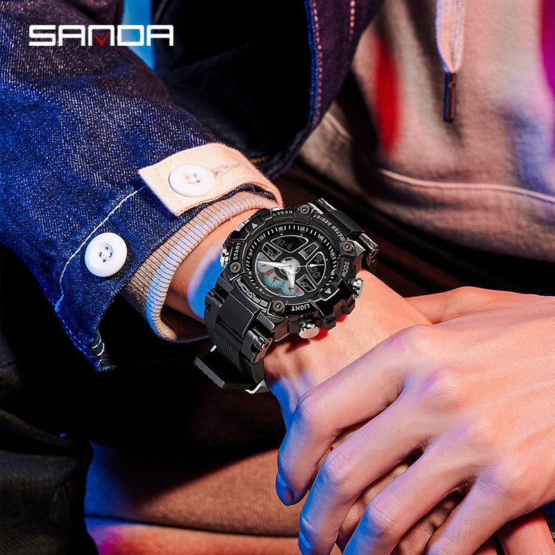 Sanda hasta mano luz reloj negro tecnología multi-funcional volante deportes volante reloj de alarma impermeable reloj masculino 3156