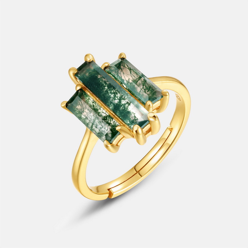 Comercio exterior de Amazon exclusivamente para personalidad exagerada, anillo de dedo alimentador de piedra de musgo verde natural S925 anillo de ágata de hierba con incrustaciones de plata