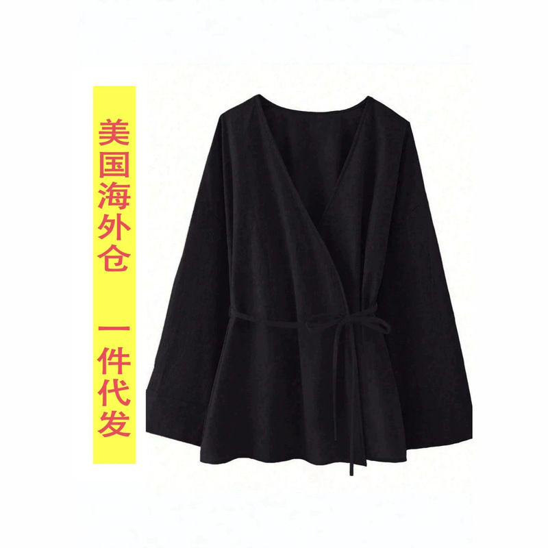 European and American Women's Clothing Spring and Summer Black V-Neck Waist-Cinching Loose Long-Sleeve Shirt with Tie Pure Cotton Blouse Overseas Warehouse European and American Women's Clothing Spring and Summer Black V-Neck Waist-Cinching Loose Long-Sleeve Shirt with Tie Pure Cotton Blouse Overseas Warehouse