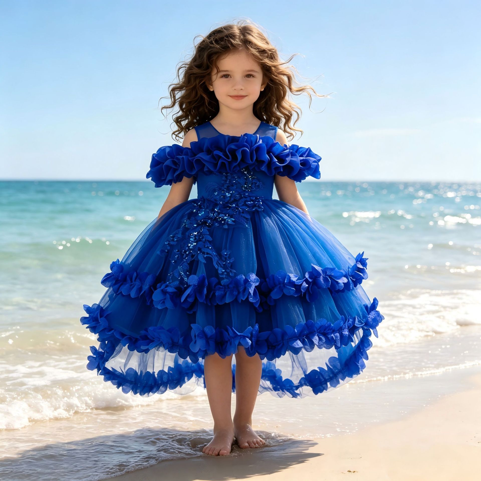 New children's dress, off-shoulder, birthday party princess dress, solid color wedding dress, first birthday dress, festival dress, 3D floral pattern