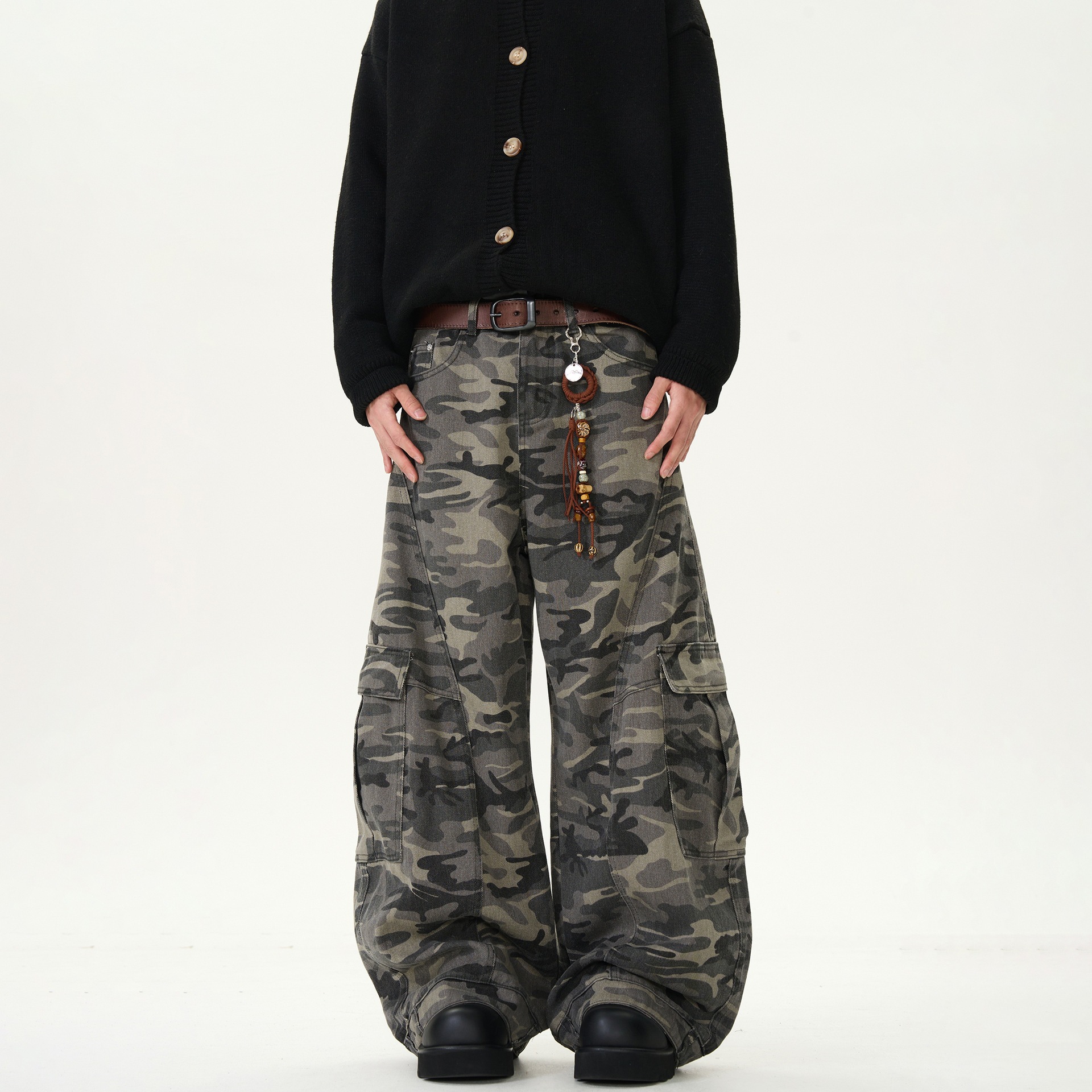 Unisex vintage militaire camouflage cargobroek met wijde pijpen, omkeerbaar ontwerp en functionele zakken, maten S-3XL_voghion.com