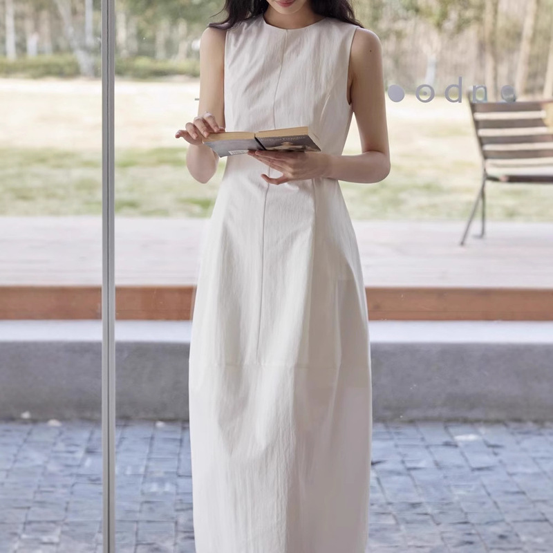 French Style Cotton Sleeveless White dress Women's Summer Patchwork Waist Black Collar Dress for dress