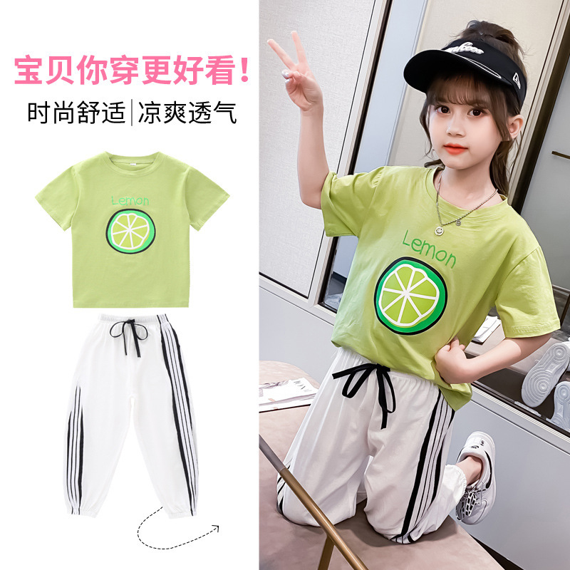 girl Lmon Cropped Trousers suit Korean Edition leisure time Short sleeved shirt Athletic Wear children Summer wear Korean Edition wholesale