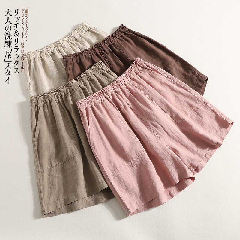 4-Color Cotton and Linen Elastic Waist Straight-Leg Shorts for Women, Simple Versatile Home Pants, 2026 Summer New Solid Color Wide-Leg Pants