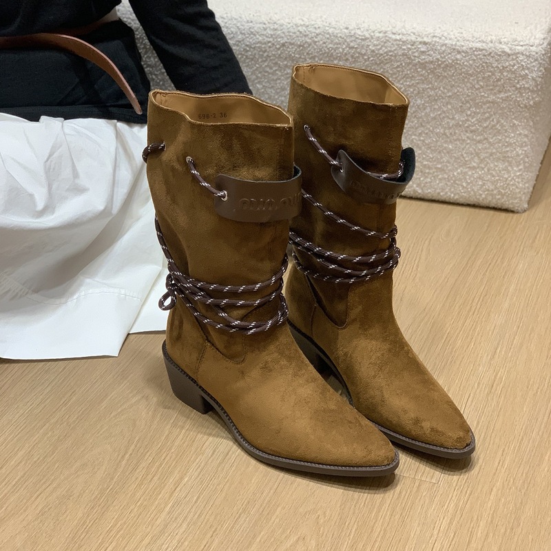 复古粗跟棕色绒面中筒堆堆靴女2025年新款瘦瘦靴春秋单靴西部短靴|undefined