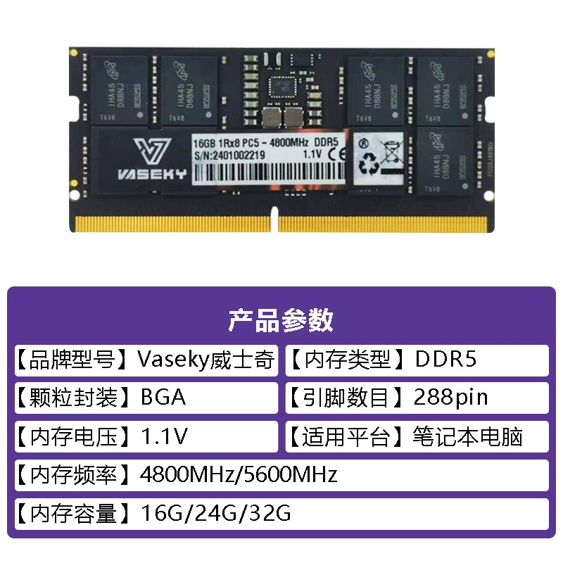 Модуль памяти для ноутбука (Vaseky) DDR5 32 ГБ, 6400 и 4800 МГц, 288‑контактный SODIMM