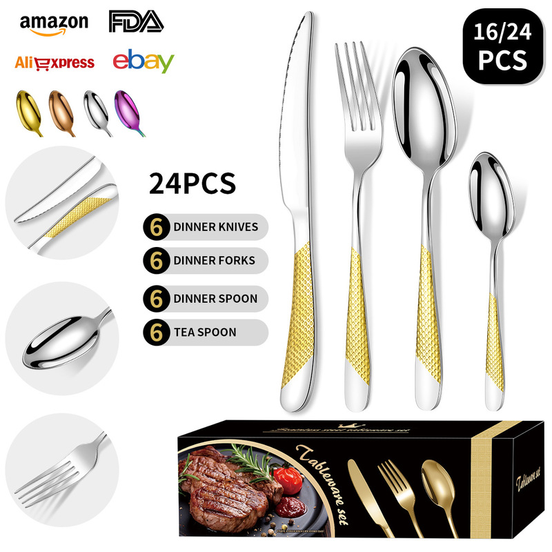 Cross-Border New Stainless Steel Tableware Star Diamond 24-Piece Set Knife, Fork and Spoon Gift Box High-Looking Western Food Gold-Plated 6-Person Meal Cross-Border New Stainless Steel Tableware Star Diamond 24-Piece Set Knife, Fork and Spoon Gift Box High-Looking Western Food Gold-Plated 6-Person Meal