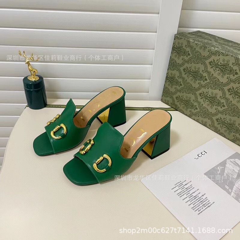 Cross-Border g Brand Square-Toe Sandals, Tongue-Style Slippers, Metal Chunky Heel Slide Sandals, Gujia Horsebit Buckle Half-Slipper, Candy Color