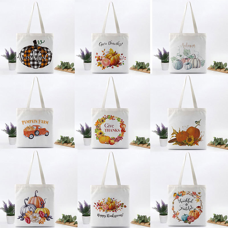 European and American Harvest Festival Thanksgiving Canvas Storage Tote Bag Scandinavian Casual Cartoon Shoulder Shopping Bag Wholesale Personalized
