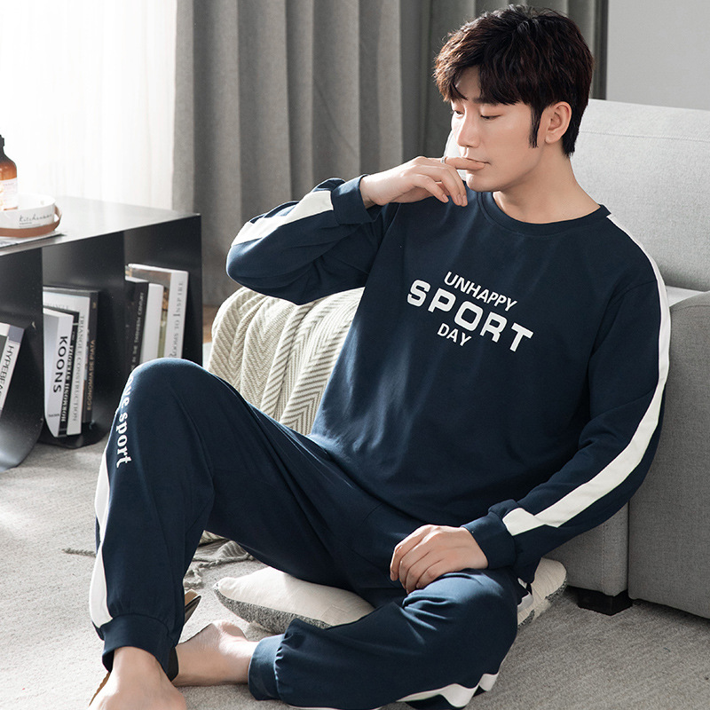 Nuevo traje de ropa para el hogar de algodón puro para hombres pijamas pantalones de algodón de manga larga para hombres delgados de primavera y otoño se pueden usar fuera suéter de cuello redondo