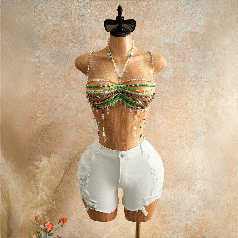 Bohemian Style Pearl Chain Suspender Bra with Handmade Beaded Tassel Design, Vacation Style Sexy Outerwear Top Bohemian Style Pearl Chain Suspender Bra with Handmade Beaded Tassel Design, Vacation Style Sexy Outerwear Top