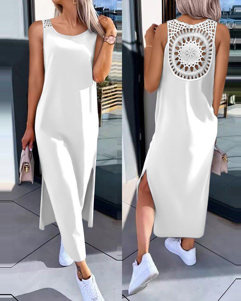 Women's Clothing Summer Solid Color Women's Dress Style Back Hollowed Out Lace Sleeveless Slit Design For Casual Occasions_ecoleips.com