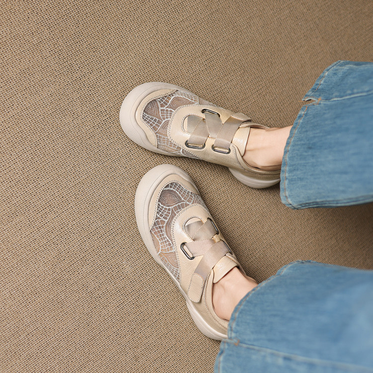 Giày sneaker nữ phối màu da thật lỗ thoáng khí đế bệt buộc dây kết hợp miếng dán — màu trắng ngà chi tiết 58