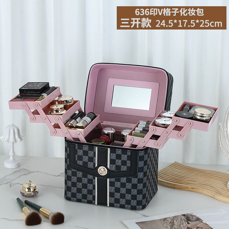 Caja de cosméticos a cuadros en forma de V transfronteriza, bolsa de almacenamiento para el cuidado de la piel portátil, caja de herramientas grande multifuncional portátil de alta gama para mujer