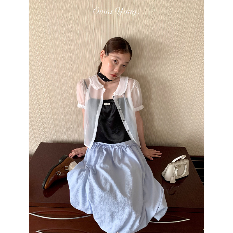 ovinsyang Doll Collar Puff Sleeve Shirt Women's Short-sleeved Thin Design Sense Niche Age-reducing Mesh Top