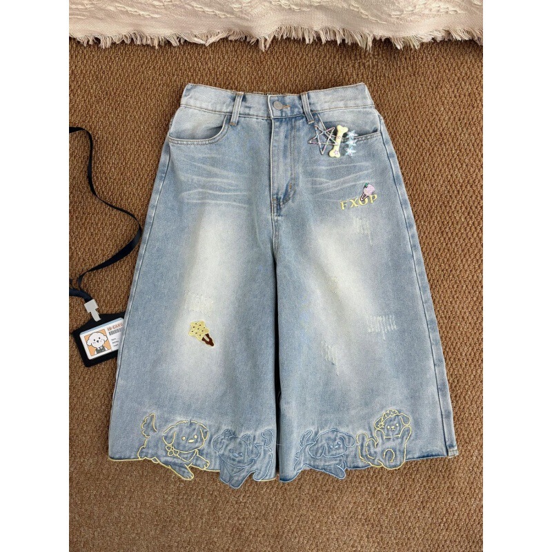 Cute Embroidered Dog Hairpin Denim Capri Pants for Women, New Summer Style, Loose Fit, Petite Straight Wide-Leg Pants Cute Embroidered Dog Hairpin Denim Capri Pants for Women, New Summer Style, Loose Fit, Petite Straight Wide-Leg Pants