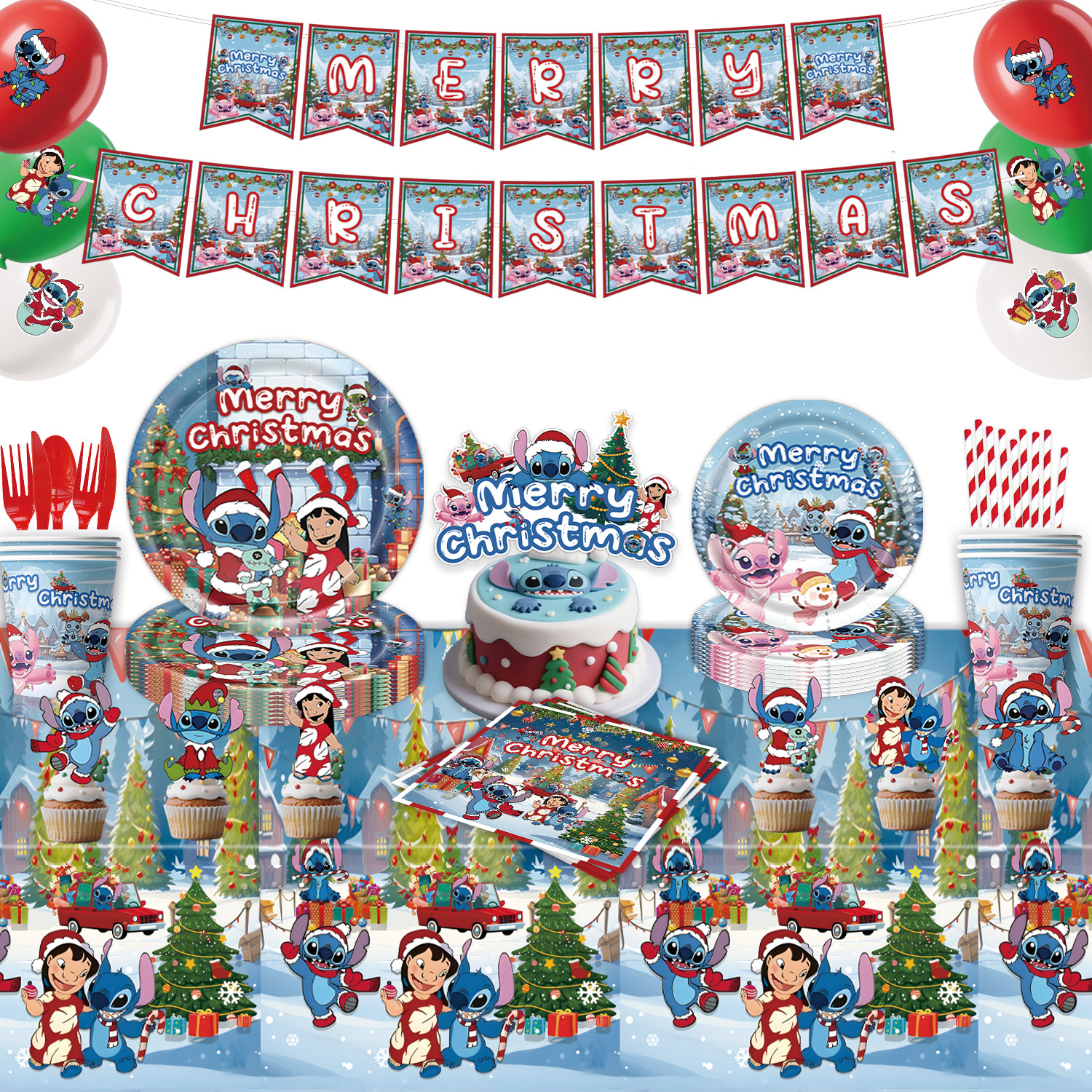 跨境史迪奇主题圣诞史迪仔派对餐具纸盘纸巾桌布蛋糕插排场地装饰