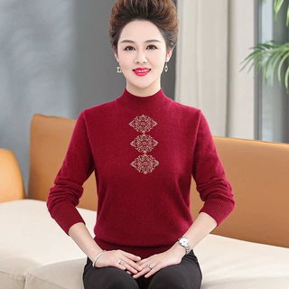 【100%纯羊毛】秋冬上衣中老年女装厚款妈妈毛衣打底衫针织羊毛衫