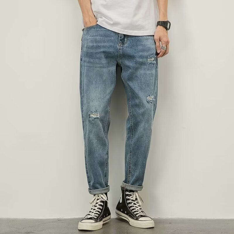 Washed Light Color Jeans Men's Loose Straight Ripped Casual Trendy Brand Cropped Pants Tapered Trousers Stretchy Summer Washed Light Color Jeans Men's Loose Straight Ripped Casual Trendy Brand Cropped Pants Tapered Trousers Stretchy Summer
