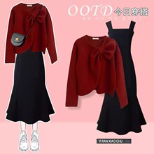 今年流行漂亮套装女新款春季时尚小香风红色毛衣连衣裙大码两件套