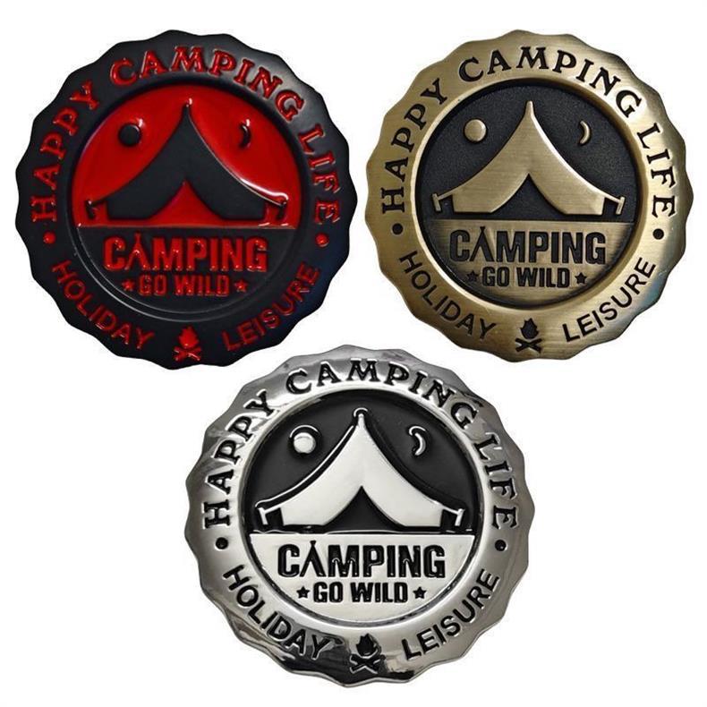 Camping car emblem, personalized creative car decal for outdoor adventures, mountain climbing, travel car body decoration, metal rear car emblem
