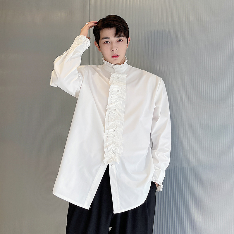 Design-Inspired Niche Stand Collar Lace Shirt for Men, Long-Sleeve, High-End Hairstylist Base Shirt, Trendy H1576 575