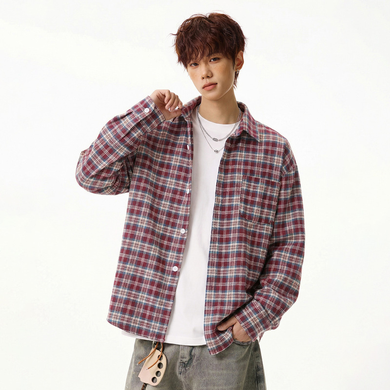 American Retro Plaid Long-Sleeved Shirt for Men, Spring Style, Basic Versatile Color-Blocked Plaid Lapel Shirt, Couple's Jacket
