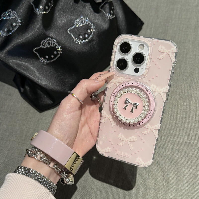 Ins Pink Love Bowknot 16promax Magnetic Bracket Phone Case for iPhone15pro/13pro