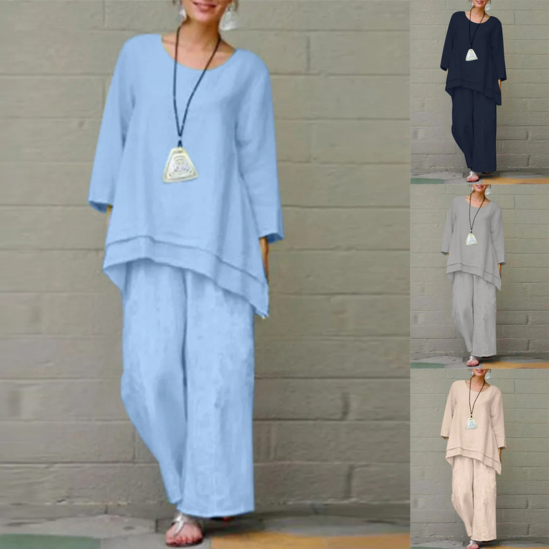 2026 Cross-Border Foreign Trade Plus-Size Women's Clothing Solid Color National Style Retro Pants Set Cotton Linen Casual Long-Sleeve Loose Cotton Set 2026 Cross-Border Foreign Trade Plus-Size Women's Clothing Solid Color National Style Retro Pants Set Cotton Linen Casual Long-Sleeve Loose Cotton Set