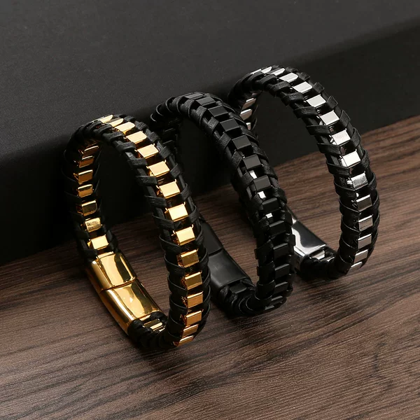 European and American Personalized Stainless Steel Woven Leather Bracelets, Retro Punk Chain Men's Bracelets, Personalized Versatile Jewelry
