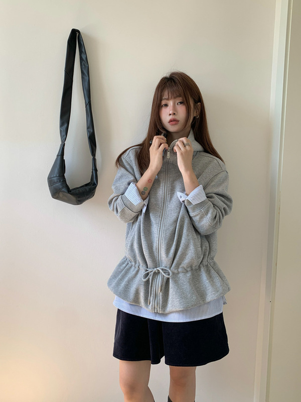 GAGD 减龄松弛感_时髦抽绳收腰宽松卫衣女韩系设计感花苞拉链帽衫|undefined