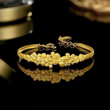 越南沙金繁花手镯戒指黄铜镀金镶嵌贝珠手环女款时尚气质手饰套装