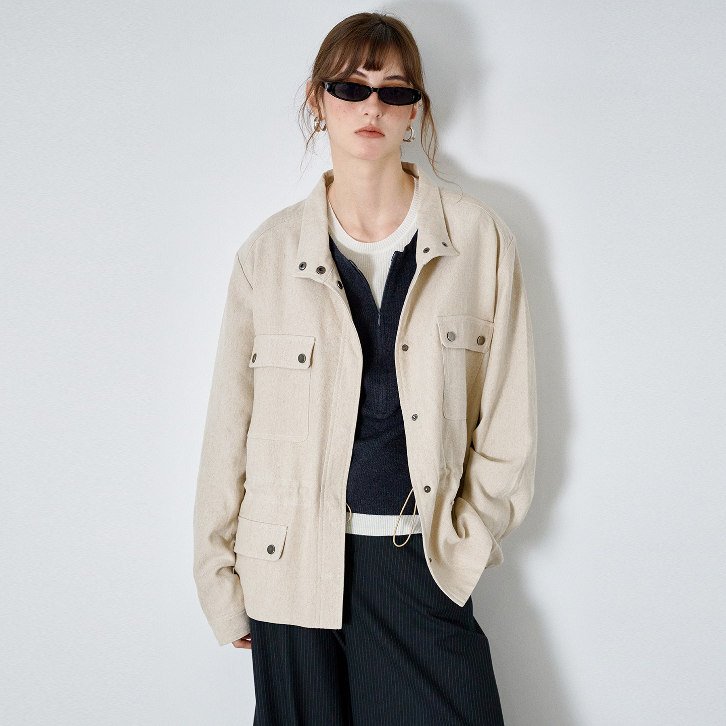 Luxury vintage style linen workwear jacket, unisex, autumn and winter, simple stand-up collar design, cotton and linen long-sleeved jacket.
