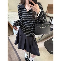 superninyy 艺术留学生 知识分子学院风细针织polo领宽松条纹衫