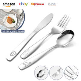跨境 卡通恐龙钢印不锈钢儿童刀叉勺3件套西餐具勺子便携餐具套装